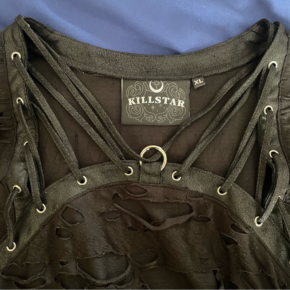 Black Distressed Strappy Short Sleeve Top - Picture 7 of 9